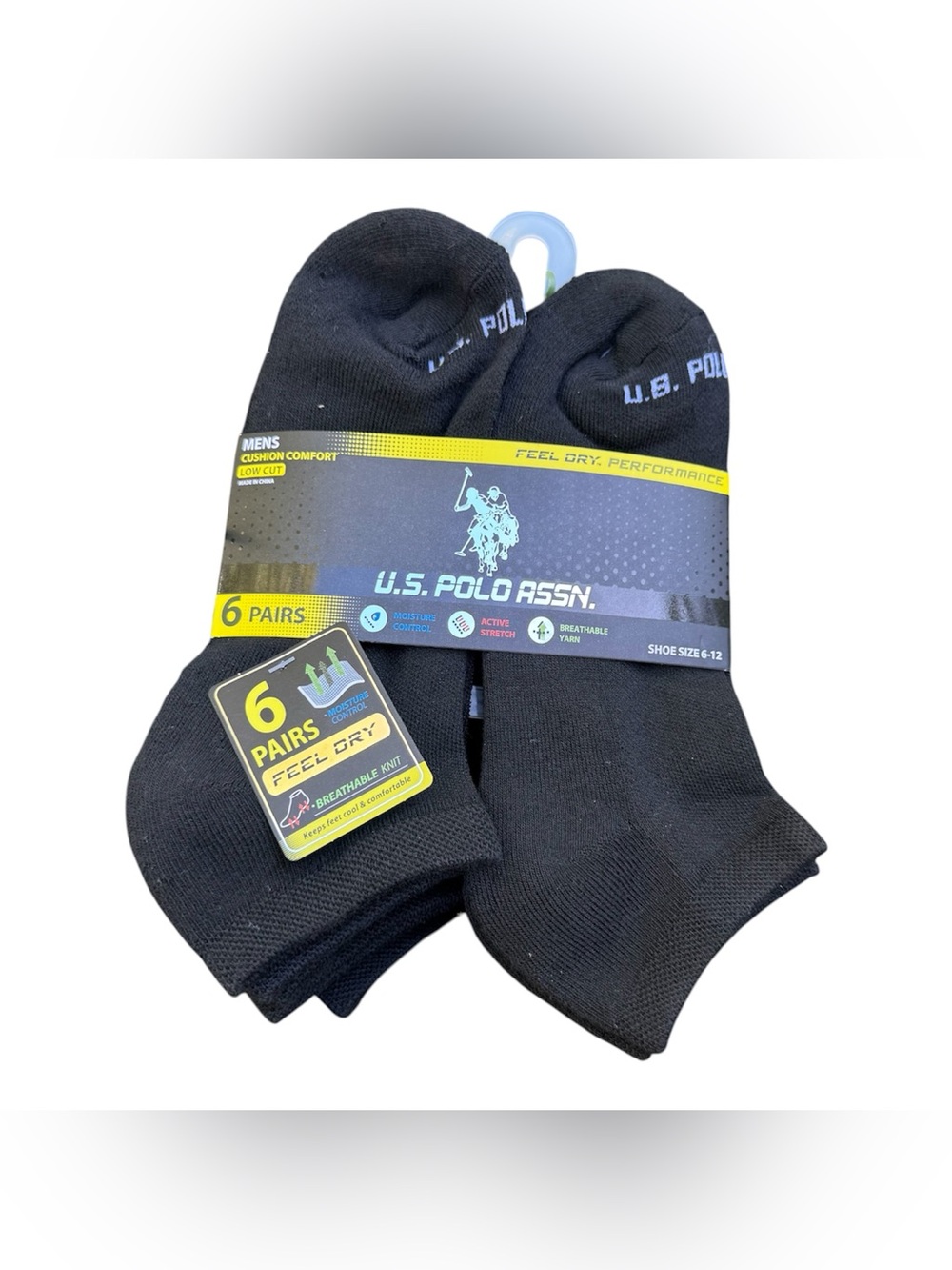 U.S. Polo Assn Men’s Athletic Black Low Cut Comfort Stretch Dry Socks 6 Pairs